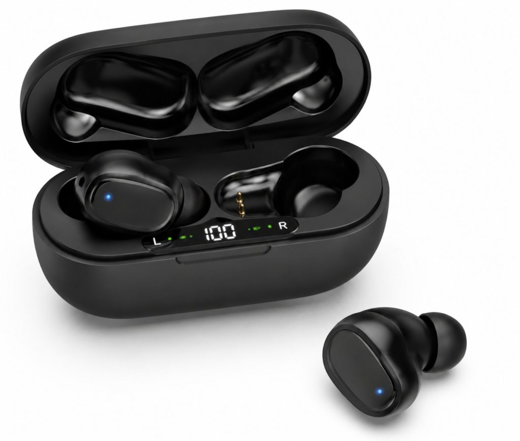 Black wireless earbuds in a charging case with LED status display showing L, R, and battery indicator (100%).