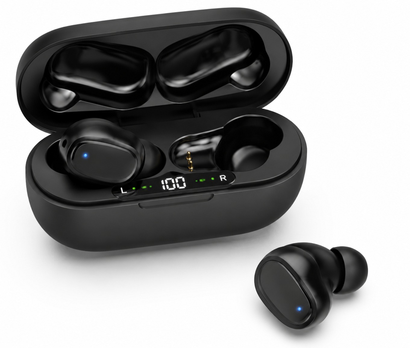 Black wireless earbuds in a charging case with LED status display showing L, R, and battery indicator (100%).