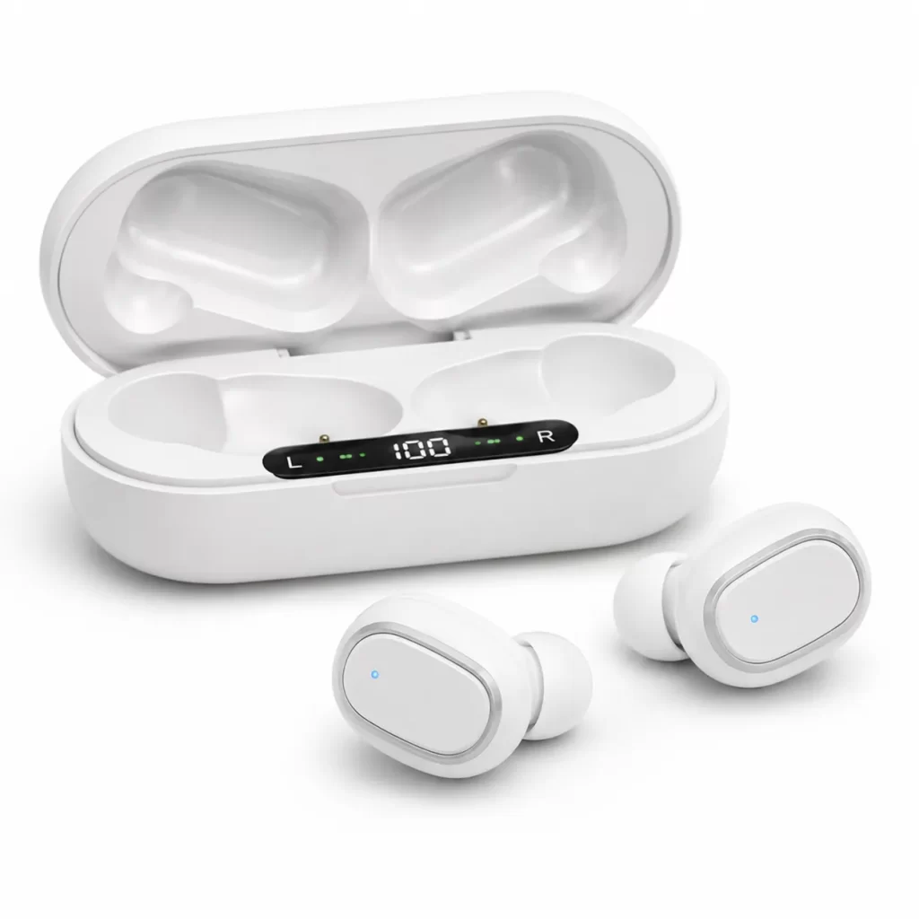 White wireless earbuds with an open white charging case, LED status panel visible on the lid area (L/R indicators).
