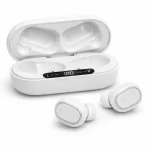 White wireless earbuds with an open white charging case, LED status panel visible on the lid area (L/R indicators).
