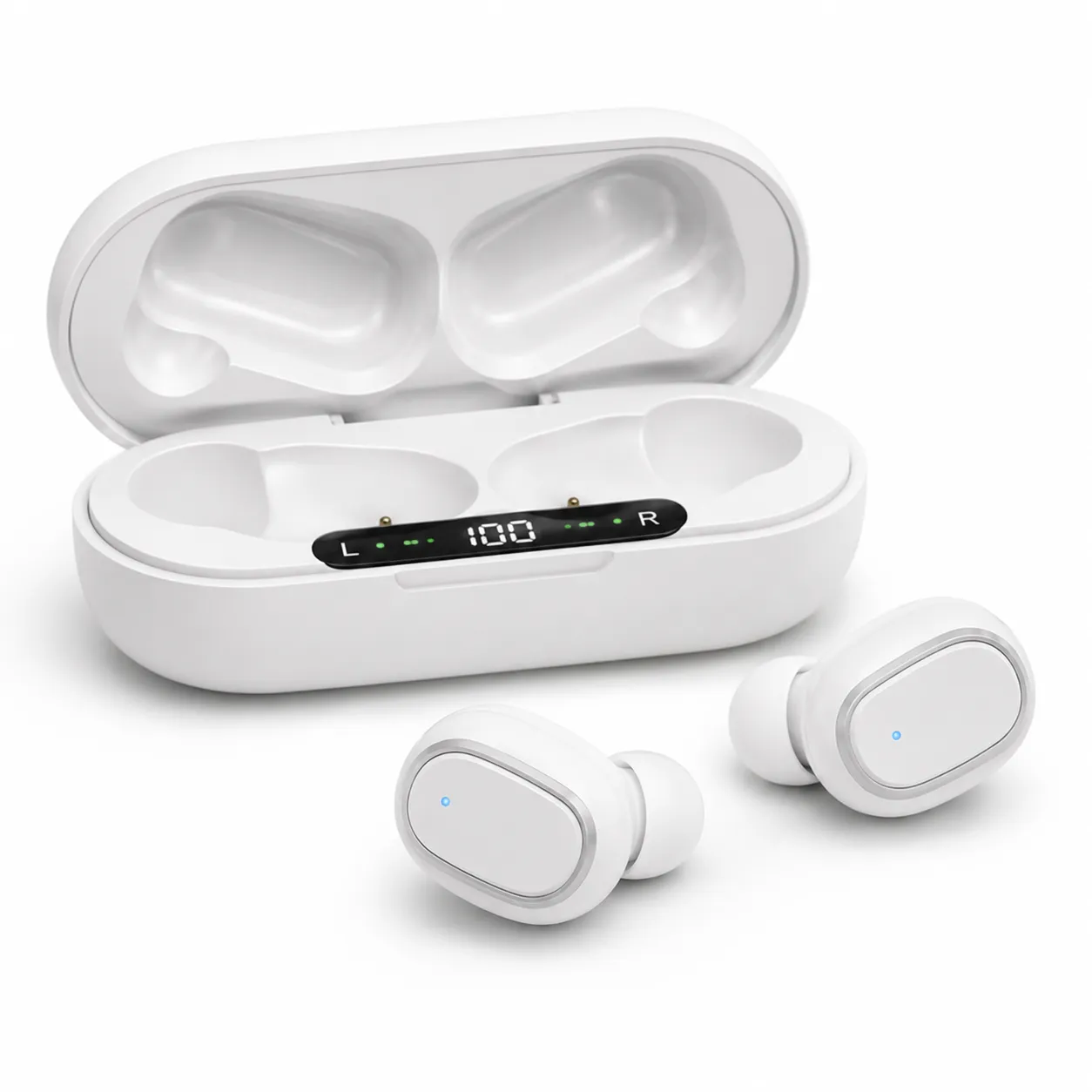 White wireless earbuds with an open white charging case, LED status panel visible on the lid area (L/R indicators).