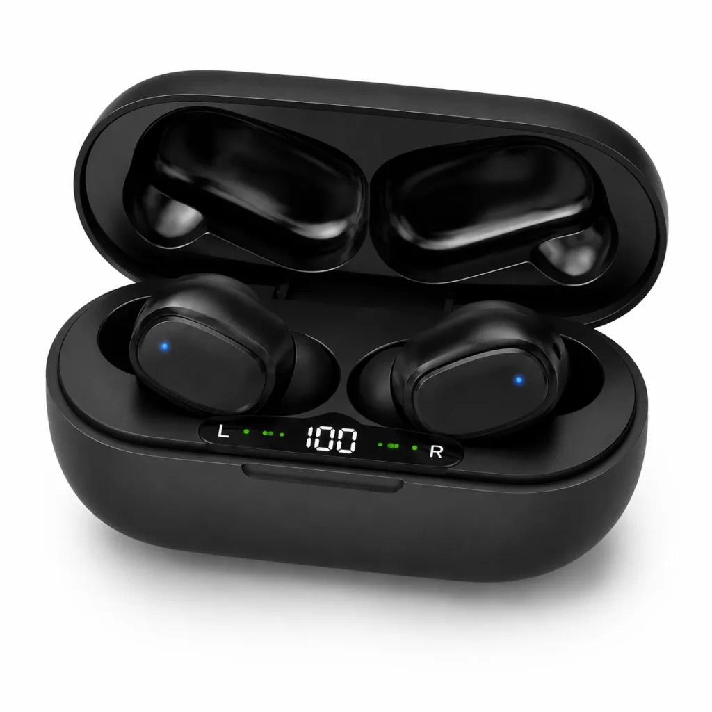 Black true wireless earbuds in an open charging case with LED indicators showing L and R and a central '100' display, indicating battery status for each earbud