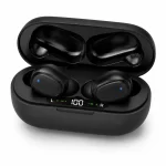 Black true wireless earbuds in an open charging case with LED indicators showing L and R and a central '100' display, indicating battery status for each earbud