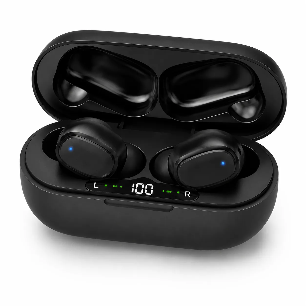 Black true wireless earbuds in an open charging case with LED indicators showing L and R and a central '100' display, indicating battery status for each earbud