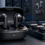 Black wireless earbuds in an open charging case on a desk with packaging boxes in the background.