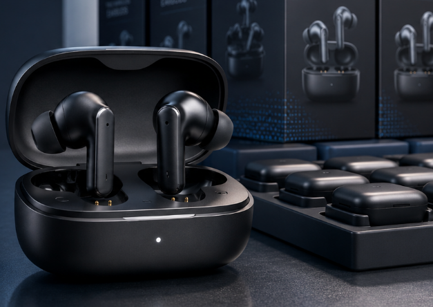 Black wireless earbuds in an open charging case on a desk with packaging boxes in the background.
