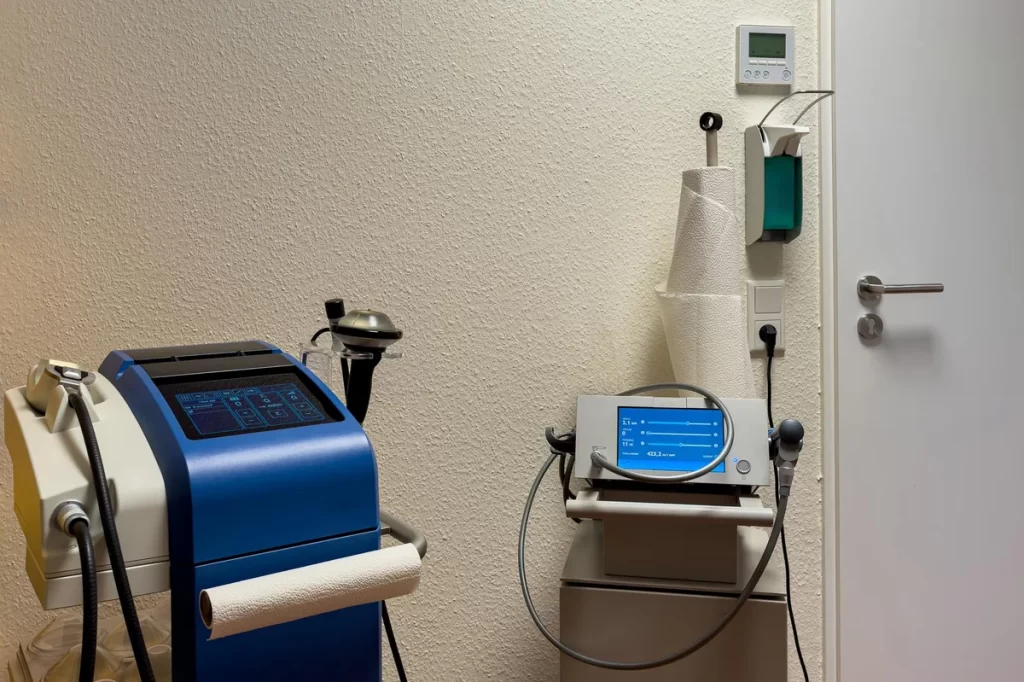 Clinical room with two medical devices: a blue touchscreen machine on the left and a smaller monitor with blue display on the right, plus a paper towel roll nearby.