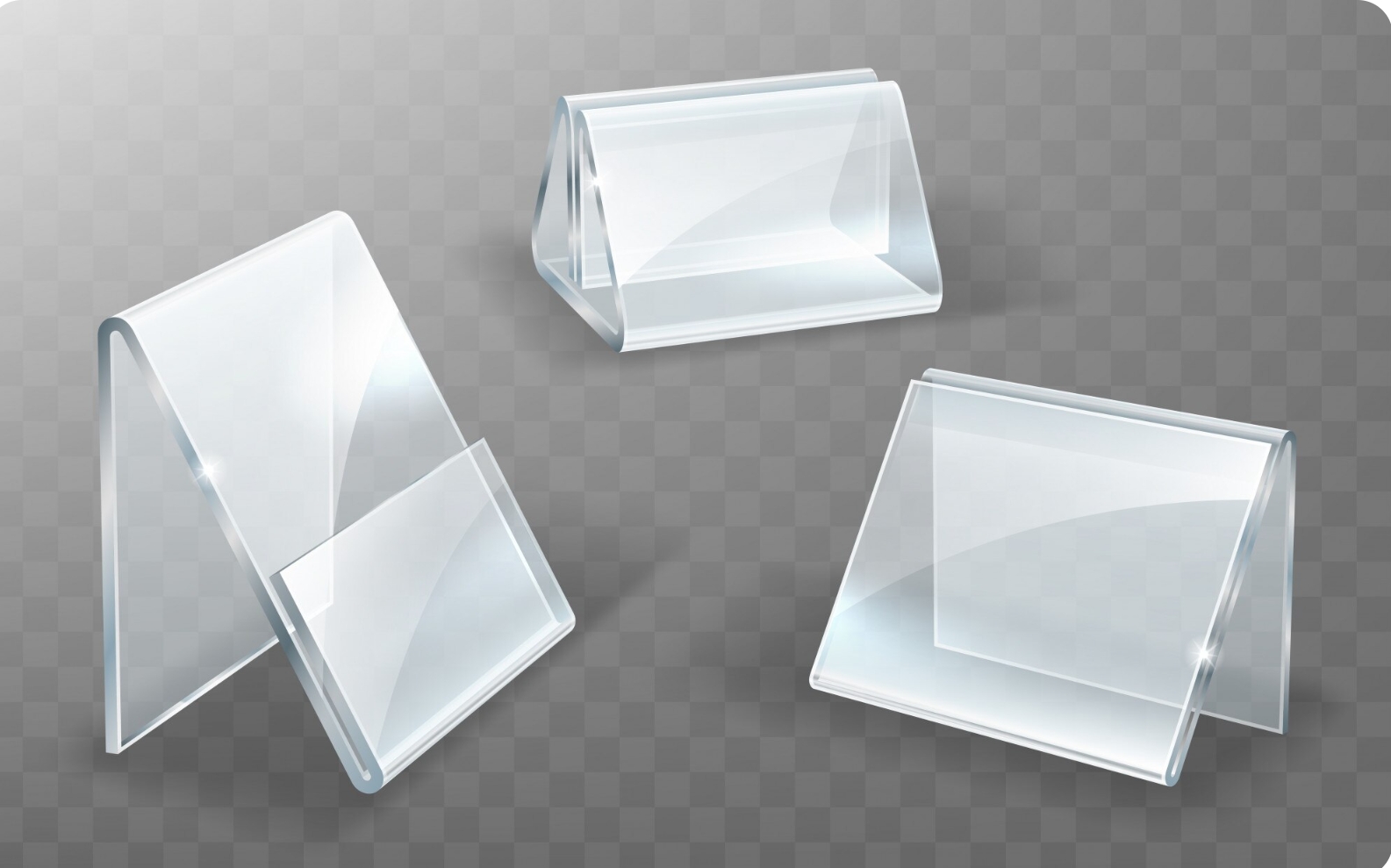 Three clear glass display panels angled and floating over a gray checkered background, showing beveled edges and reflections.