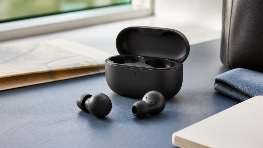Unbranded true wireless earbuds and an open charging case on a quiet desk