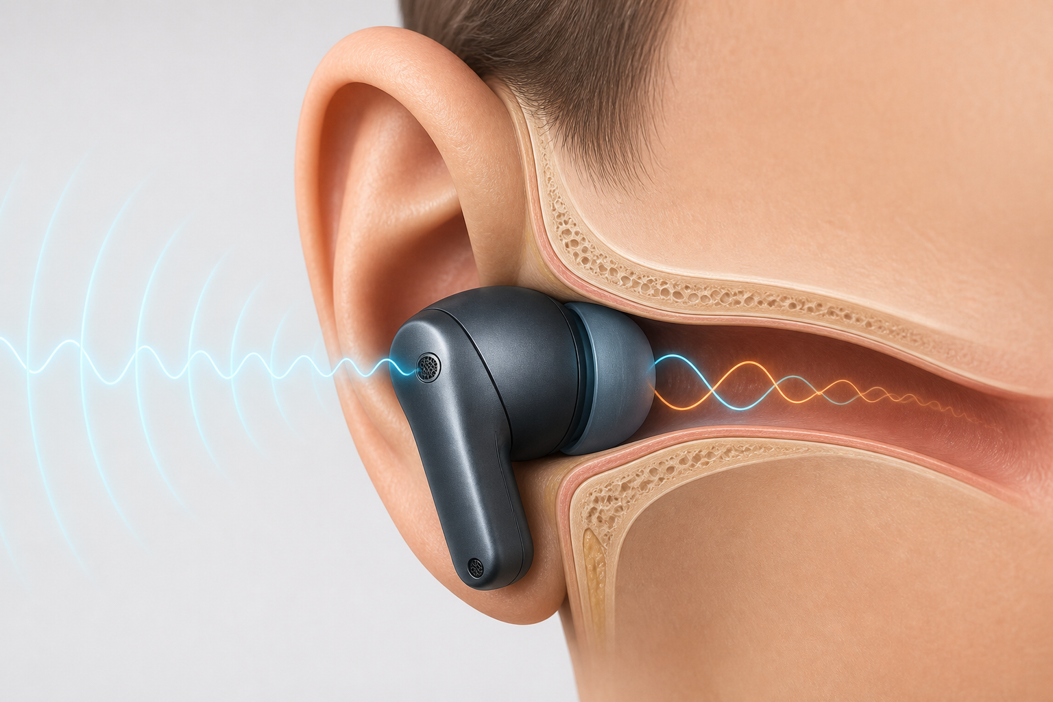 Conceptual cutaway of an earbud at the ear canal with external and opposing sound-wave patterns