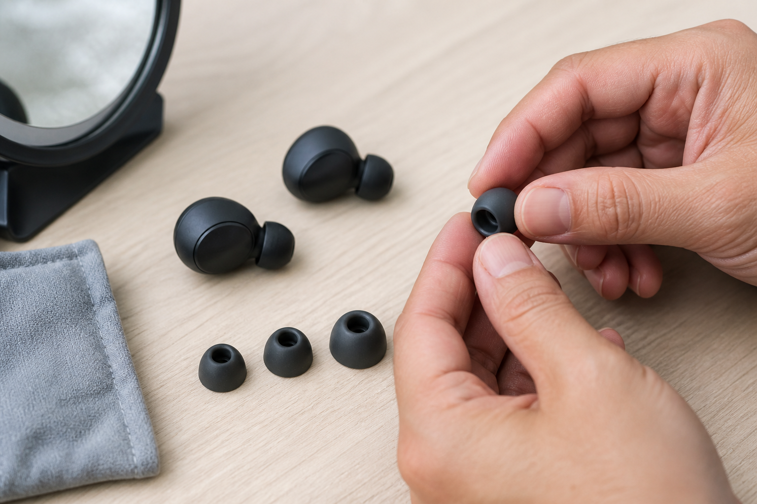 Hands comparing three silicone ear-tip sizes beside unbranded wireless earbuds