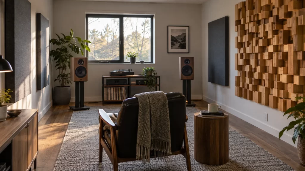 Listening room with fabric absorbers and a geometric wooden diffuser around a stereo setup