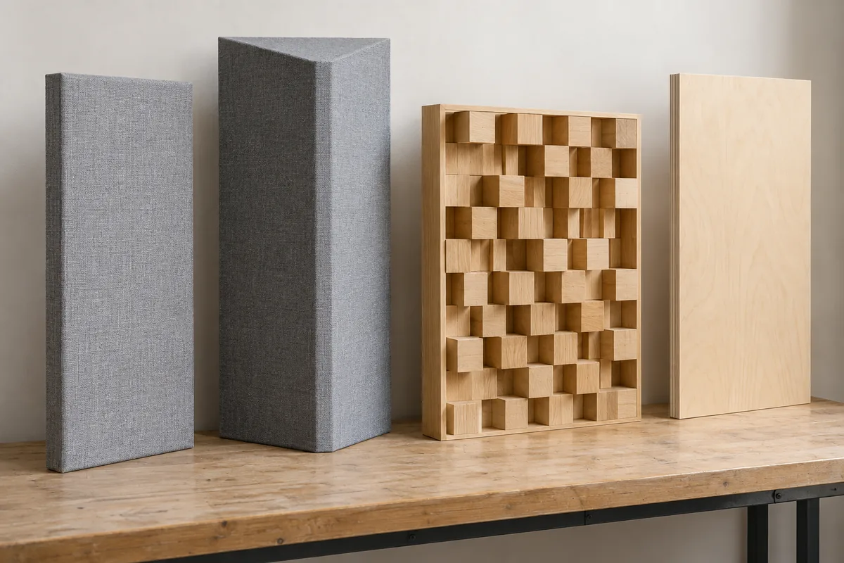 Four adjacent material samples showing a porous fabric panel, deep corner trap, geometric diffuser, and flat reflective board