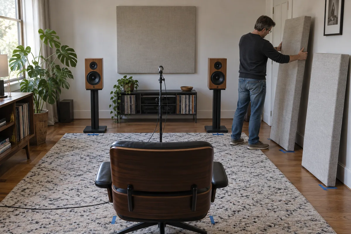 Audio user comparing two removable treatment layouts while a measurement microphone remains fixed at the listening position