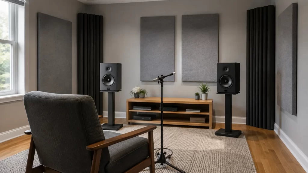A neutral listening room with broadband wall panels, corner treatment, two speakers, and a measurement microphone at the main seat