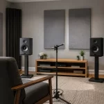 A neutral listening room with broadband wall panels, corner treatment, two speakers, and a measurement microphone at the main seat