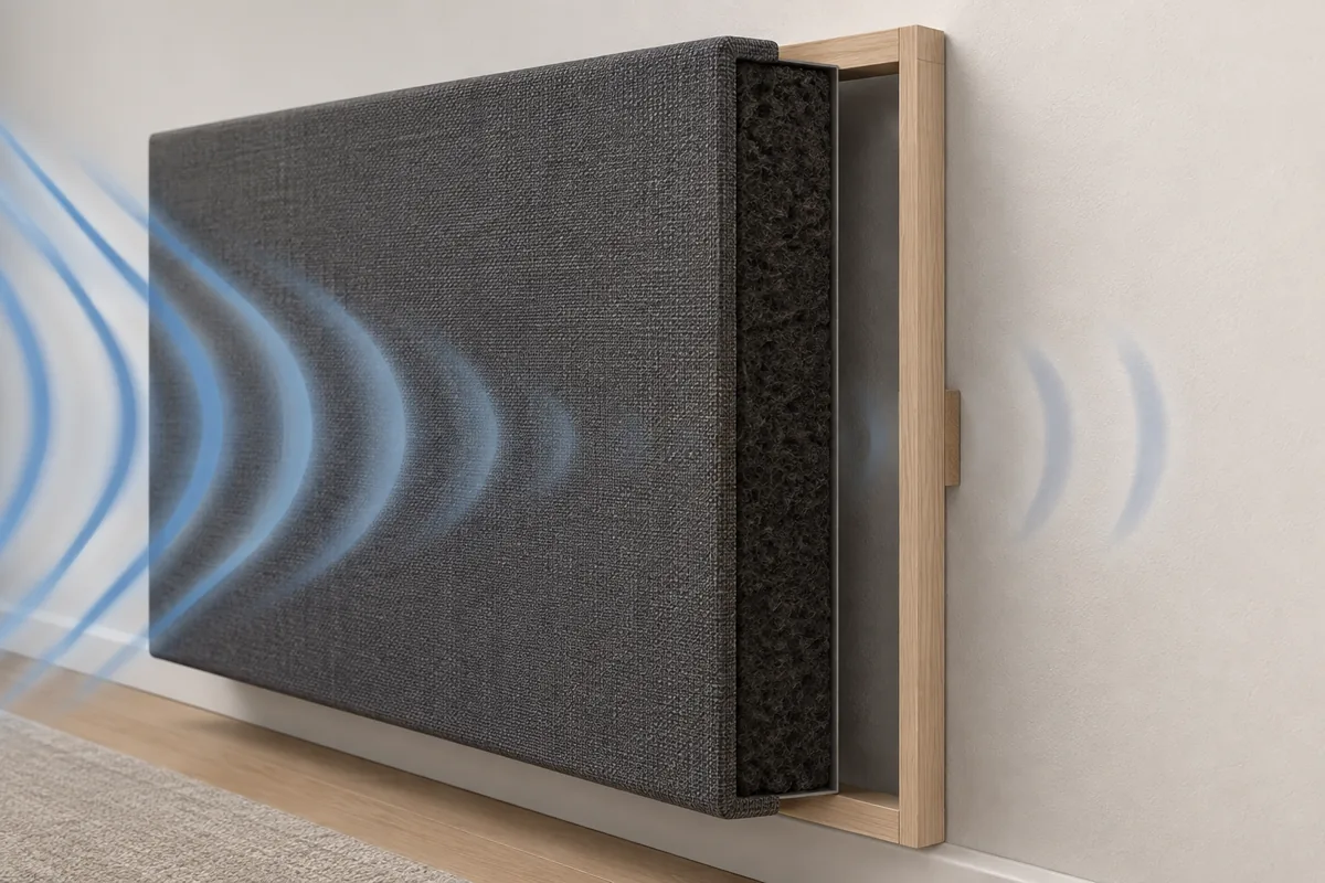 Close view of a fabric absorber with a porous core and an air gap between the panel and wall