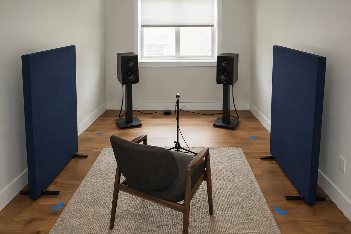 Measurement microphone at a listening chair with two movable acoustic panels positioned symmetrically beside the speaker path