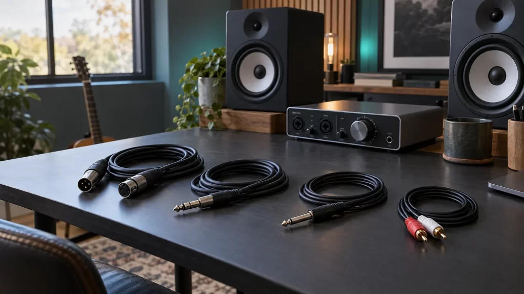 Balanced and unbalanced audio cables arranged beside a studio interface and powered monitors