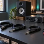Balanced and unbalanced audio cables arranged beside a studio interface and powered monitors