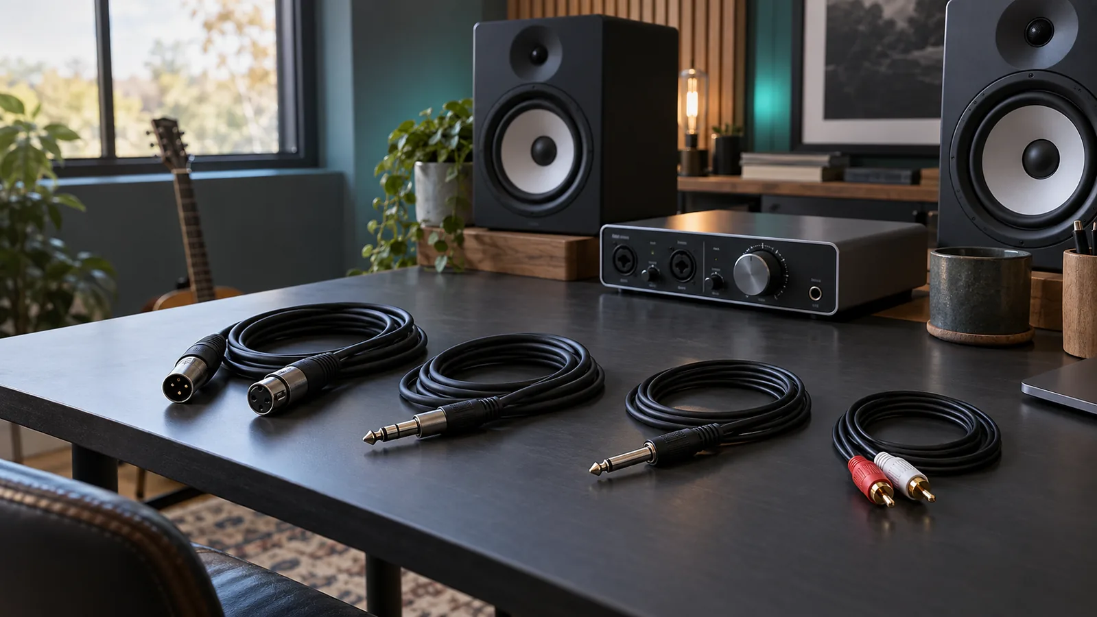 Balanced and unbalanced audio cables arranged beside a studio interface and powered monitors
