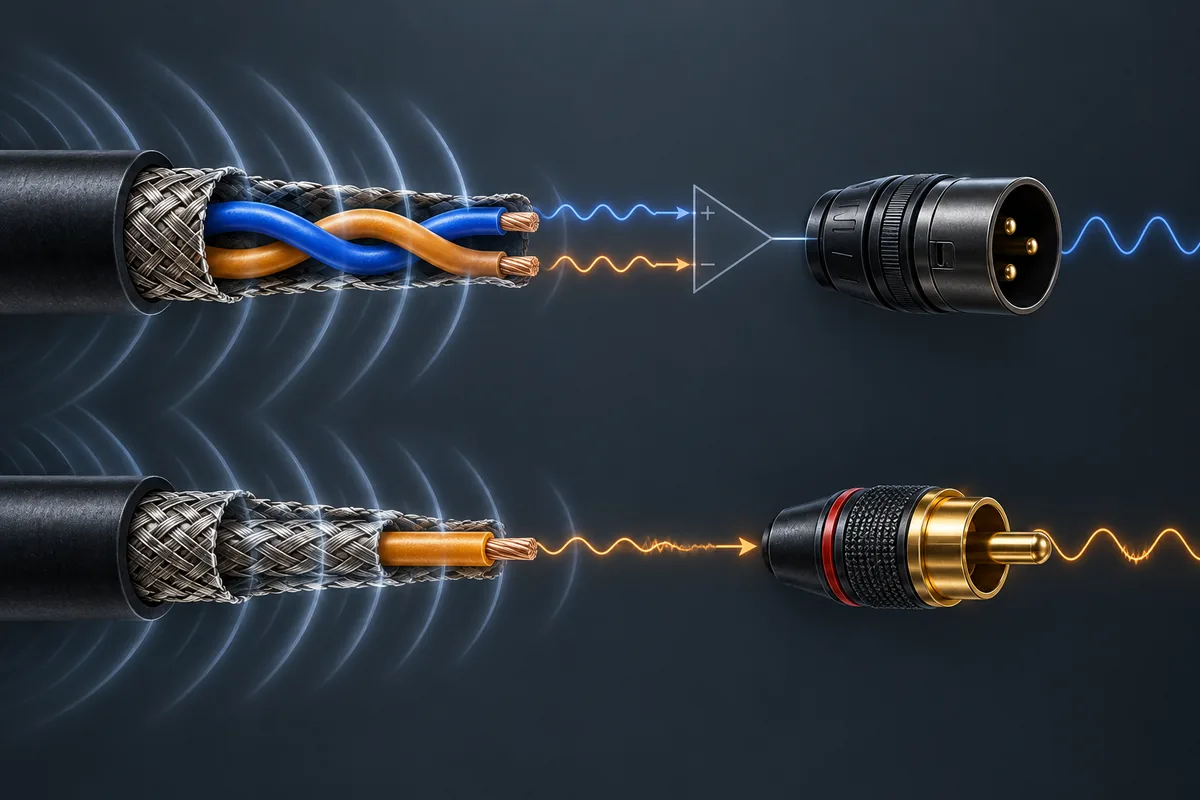 Conceptual cutaway comparing a shielded twisted-pair balanced cable with a single-conductor unbalanced cable