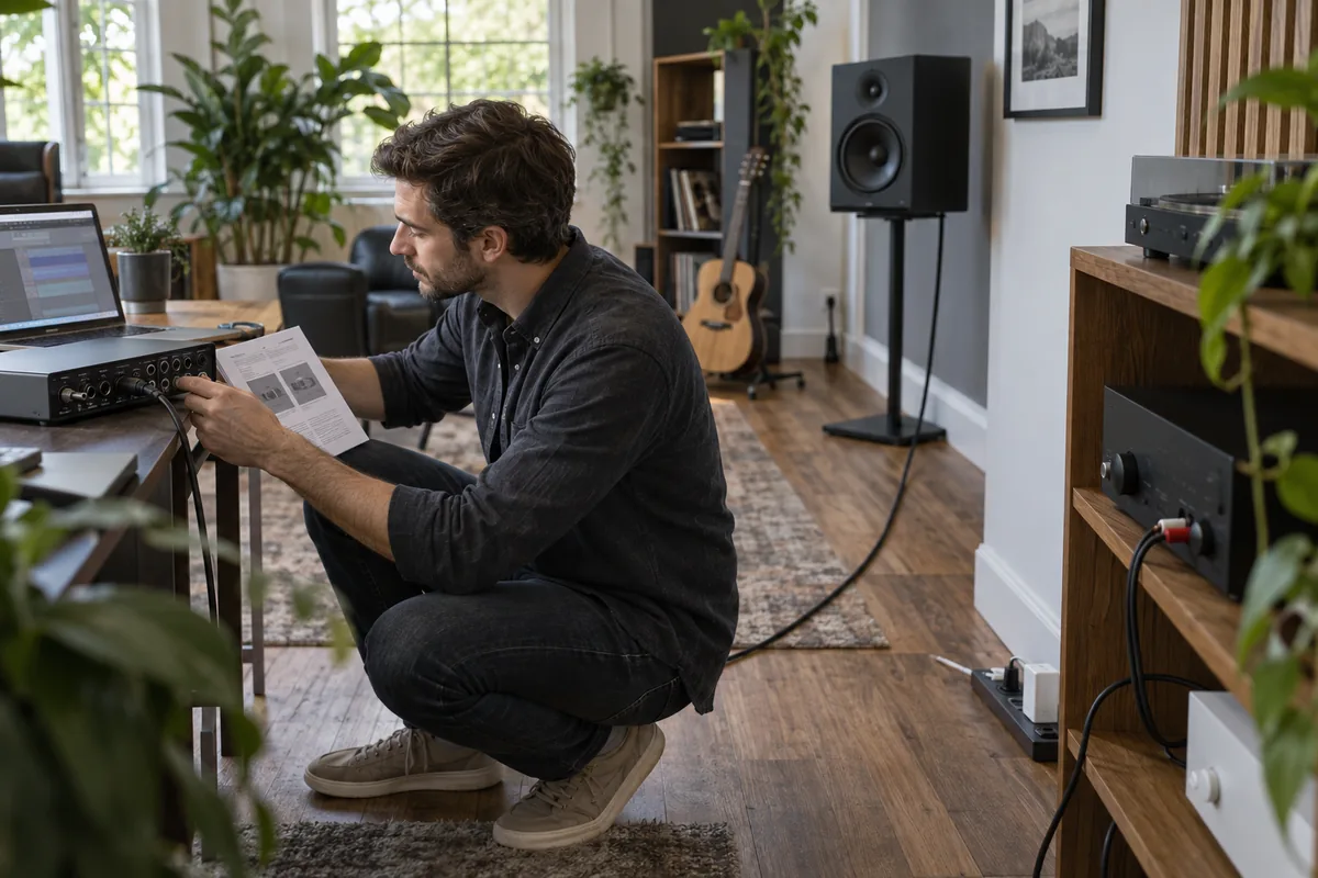 Audio user checking interface and monitor connections while a short RCA link joins nearby home audio components