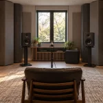 Compact listening room with deep corner bass traps, stereo speakers, and a measurement microphone.