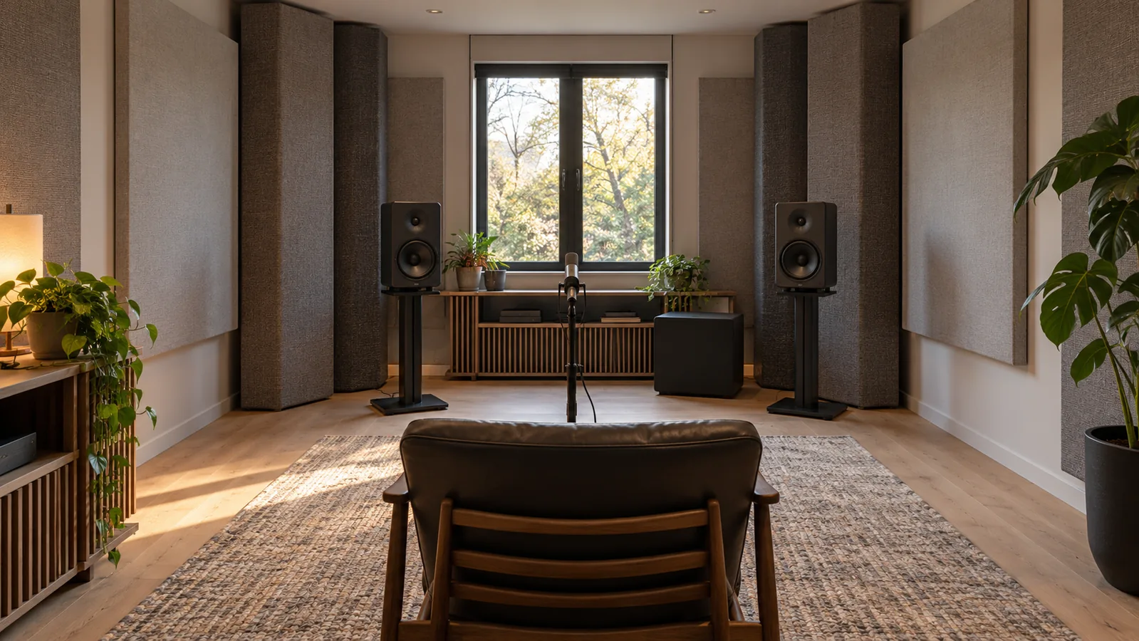Compact listening room with deep corner bass traps, stereo speakers, and a measurement microphone.