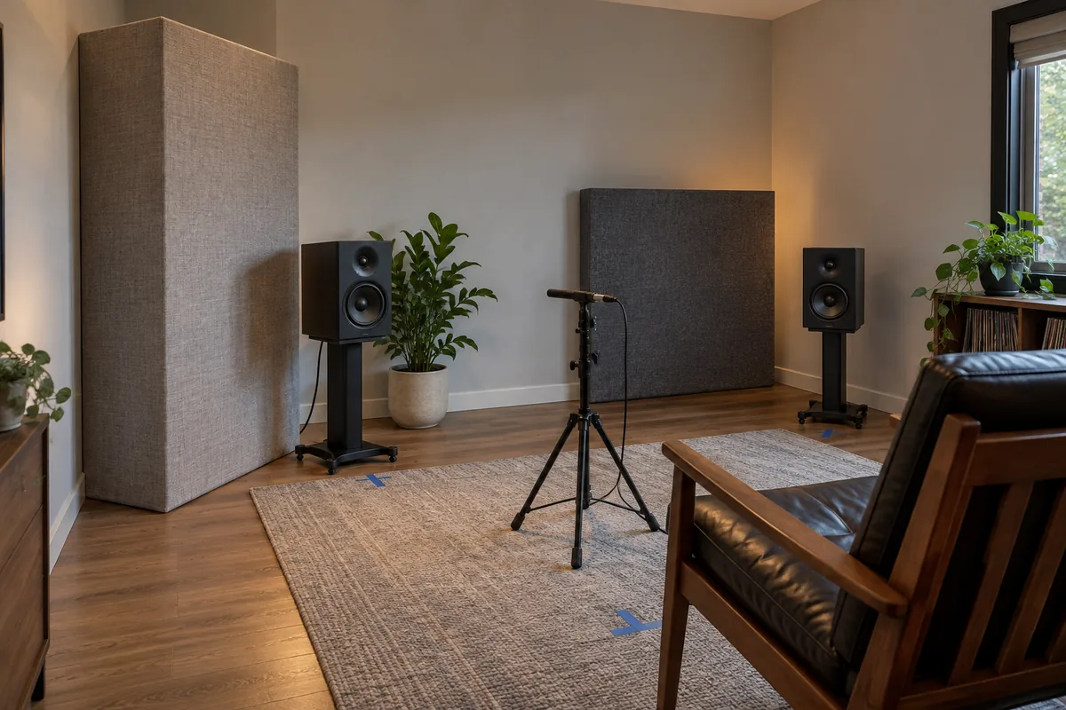Deep corner treatment and boundary panels in a compact listening room prepared for low-frequency measurement.