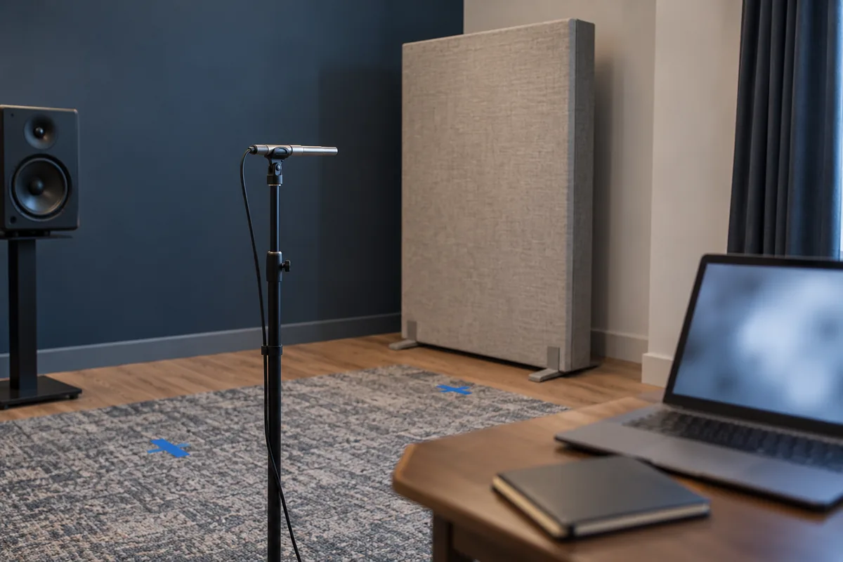 Measurement microphone, laptop, and movable low-frequency panel used in a controlled room test.
