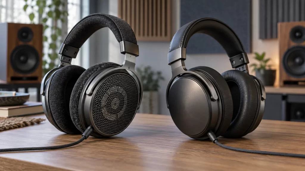 Open-back headphones with perforated grilles beside closed-back headphones with solid ear cups