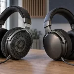 Open-back headphones with perforated grilles beside closed-back headphones with solid ear cups