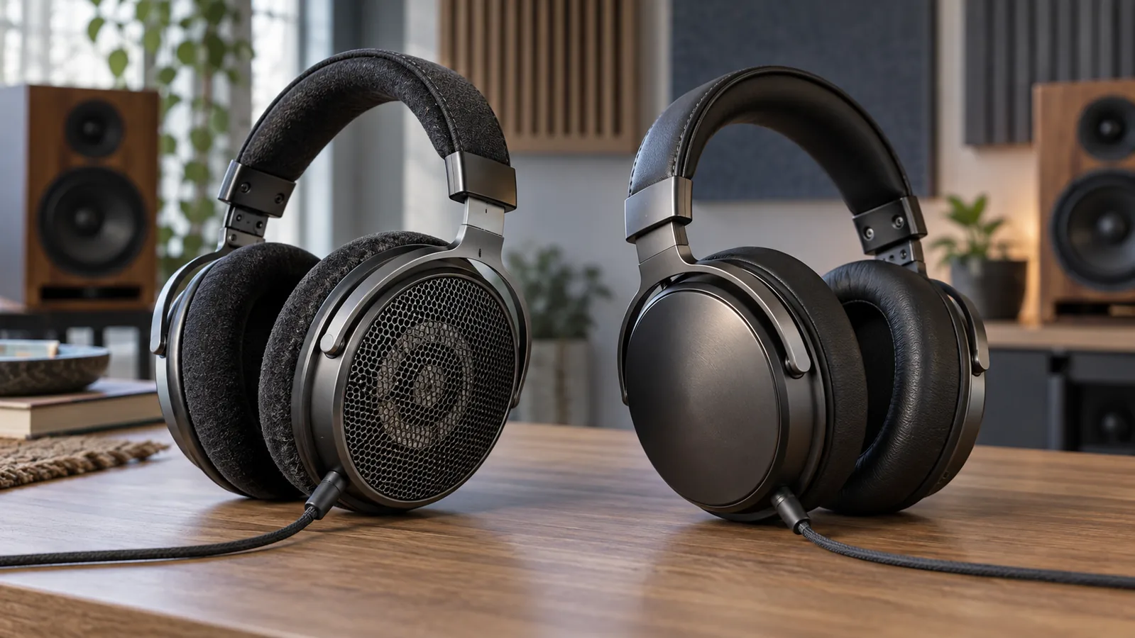 Open-back headphones with perforated grilles beside closed-back headphones with solid ear cups