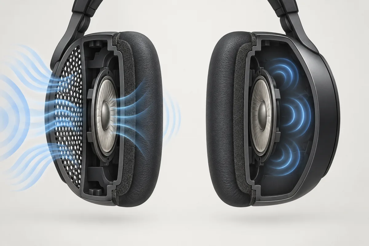 Conceptual cutaway comparing a vented open-back ear cup with a sealed closed-back ear cup