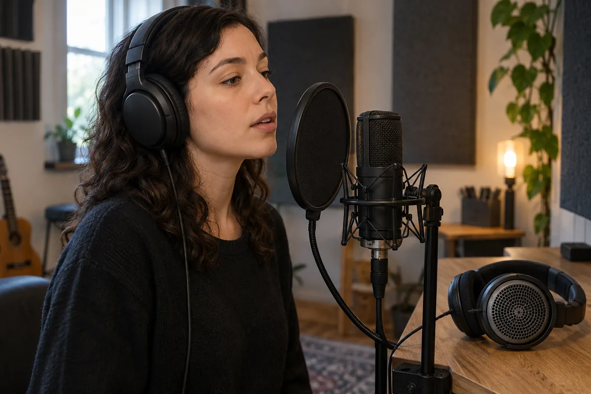 Vocalist wearing closed-back headphones at a microphone with open-back headphones nearby