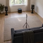 High-angle view of a rectangular listening room with speakers, a sofa, measuring tools, and a microphone