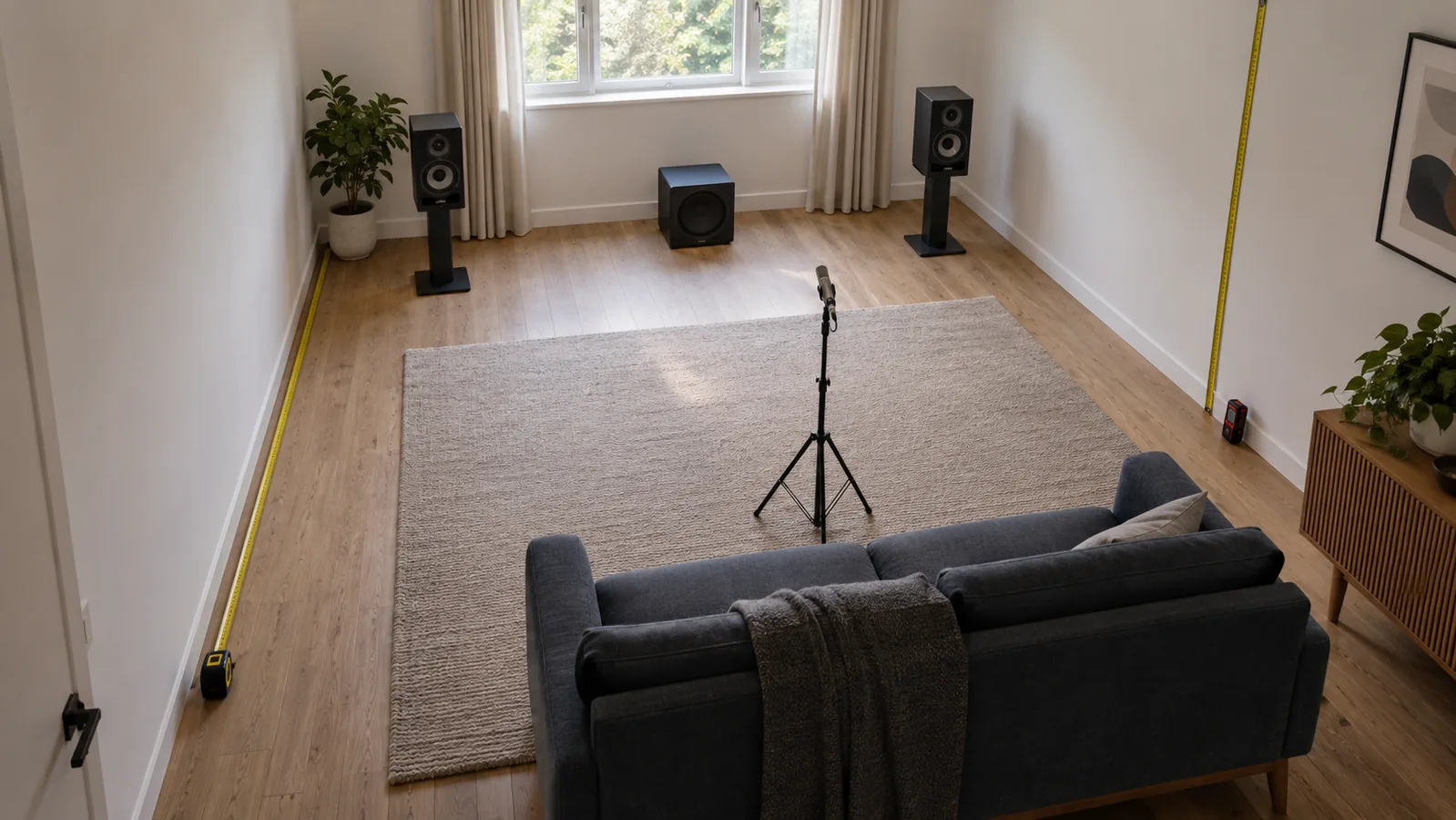 High-angle view of a rectangular listening room with speakers, a sofa, measuring tools, and a microphone