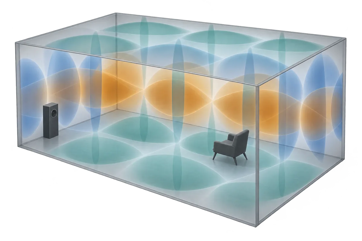 Transparent rectangular room model with layered pressure zones extending along its length, width, and height