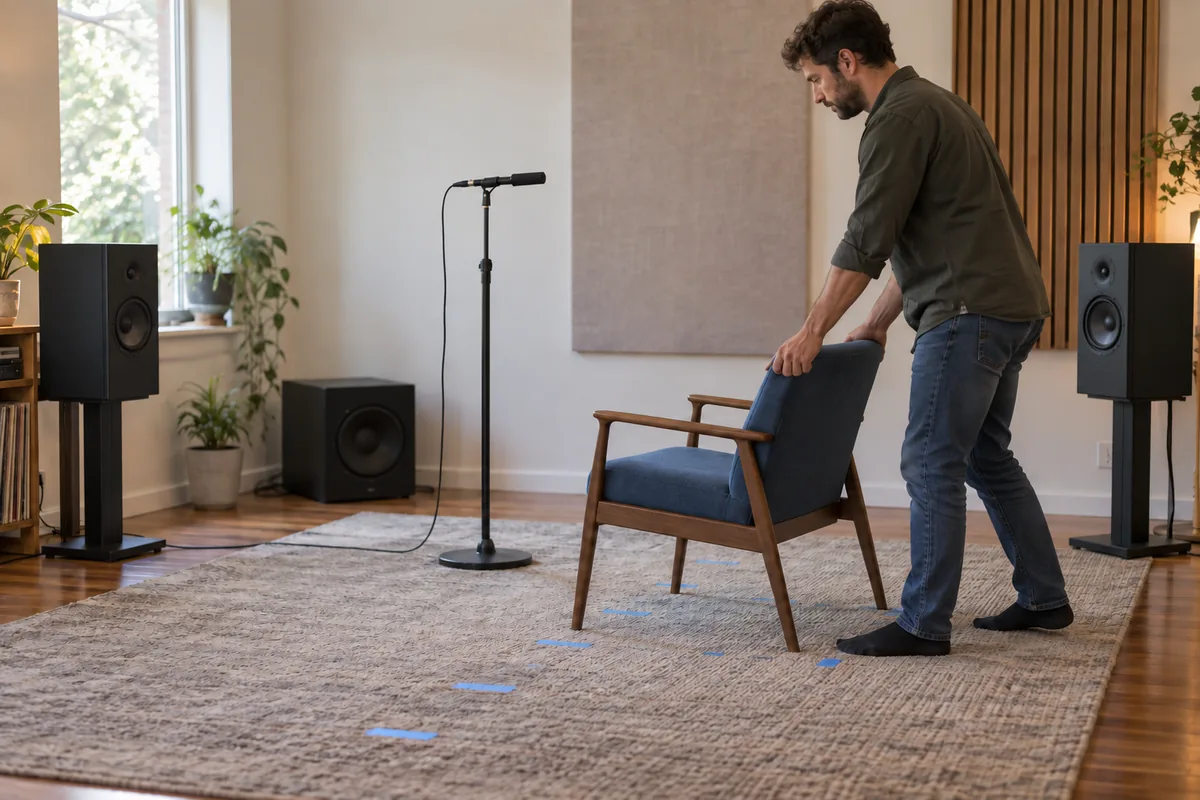 Audio user moving a listening chair between floor markers while a microphone and subwoofer remain ready for repeated measurements