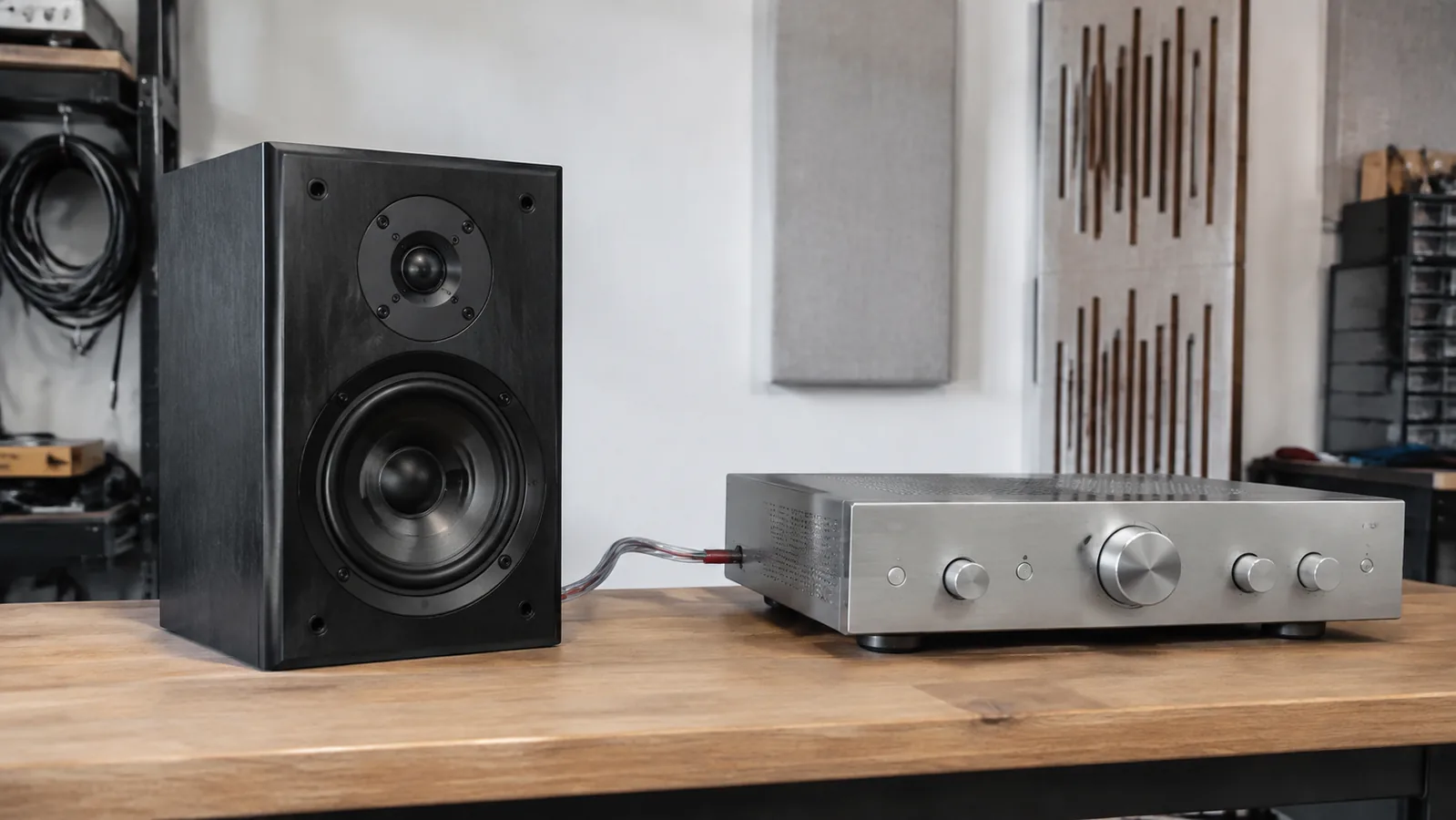 Passive bookshelf speaker and integrated amplifier connected on a clean audio test bench
