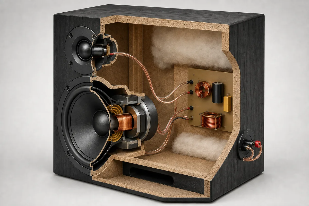 Cutaway illustration of a passive speaker showing the woofer voice coil, enclosure, and crossover components