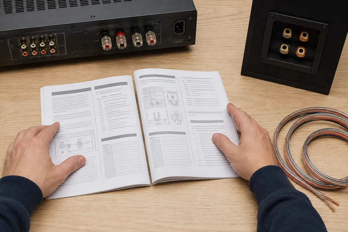 Technician comparing speaker and amplifier manuals beside disconnected audio equipment