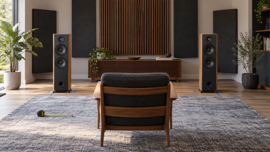 Symmetrical stereo speakers and a listening chair arranged in a measured home audio room