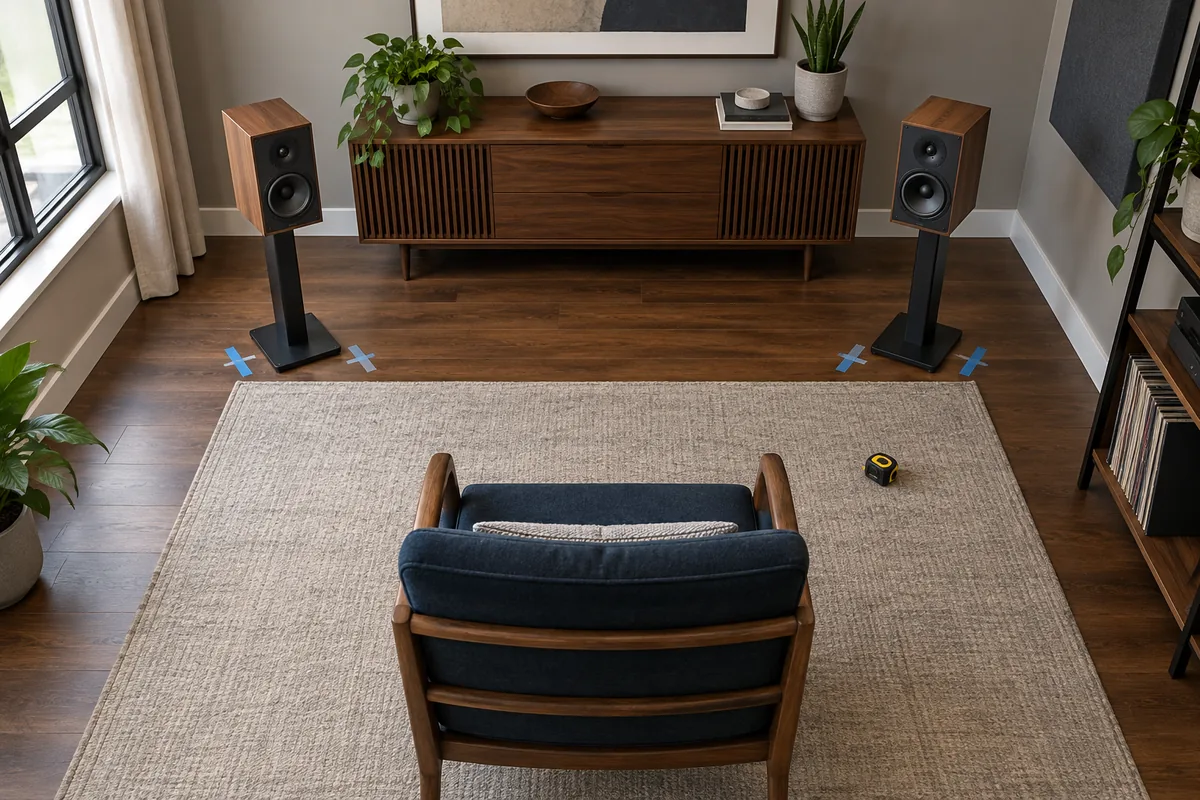 Two stereo speakers adjusted symmetrically toward a centered listening chair in a measured listening room.