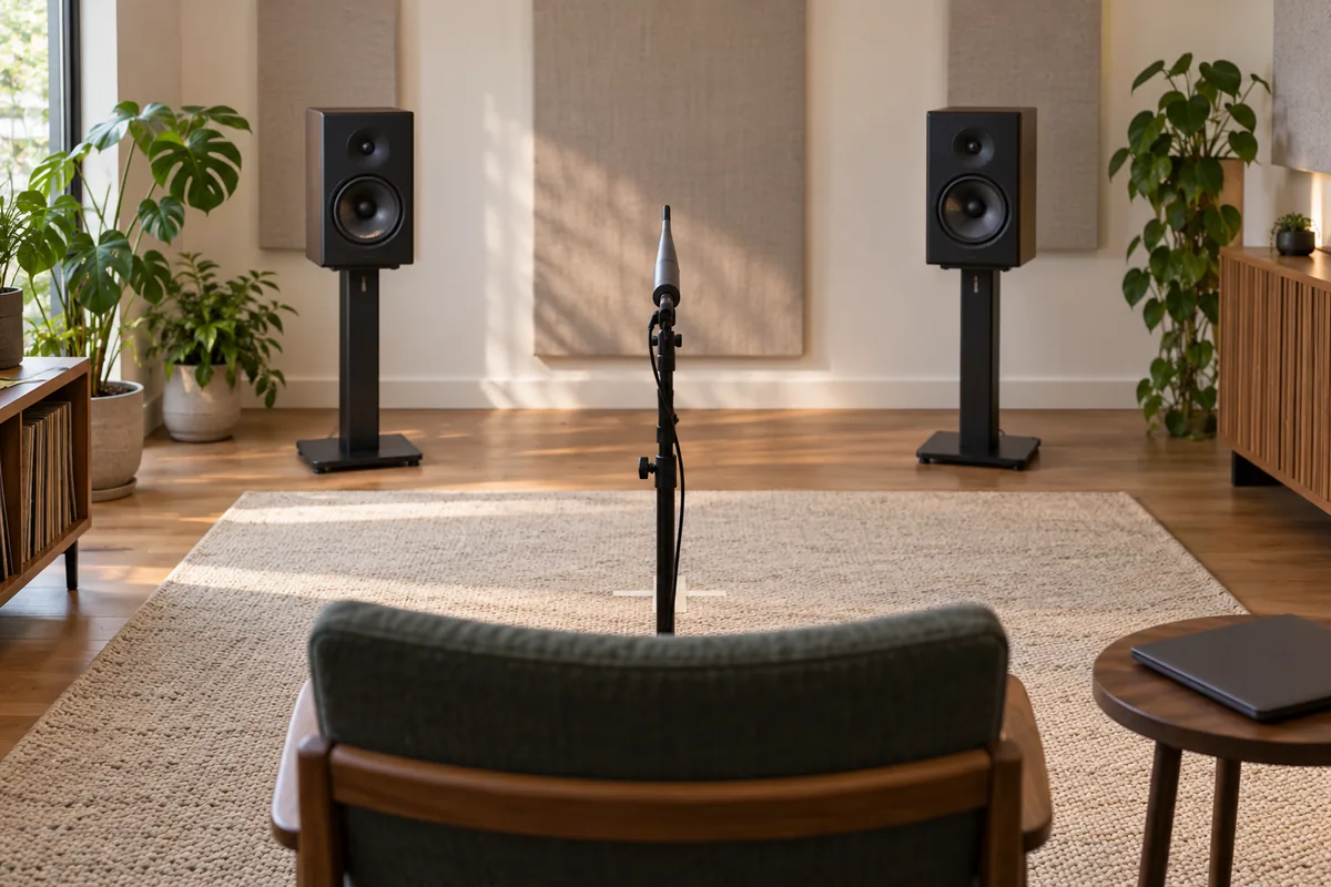Measurement microphone at the listening position facing a symmetrical stereo pair while placement marks show controlled position changes.