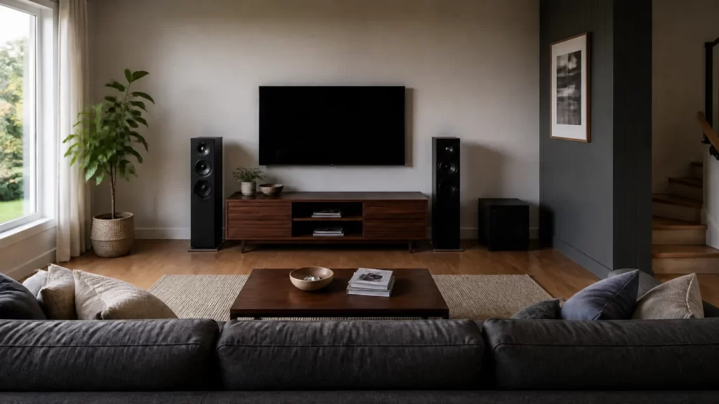 Black subwoofer positioned beside the front-wall speakers in a home listening room
