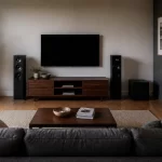 Black subwoofer positioned beside the front-wall speakers in a home listening room