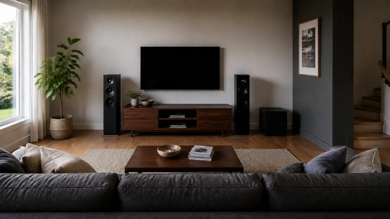 Black subwoofer positioned beside the front-wall speakers in a home listening room