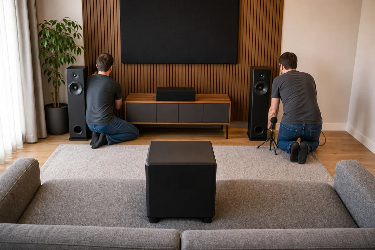 Subwoofer on a sofa while two people test possible measurement positions near the front wall